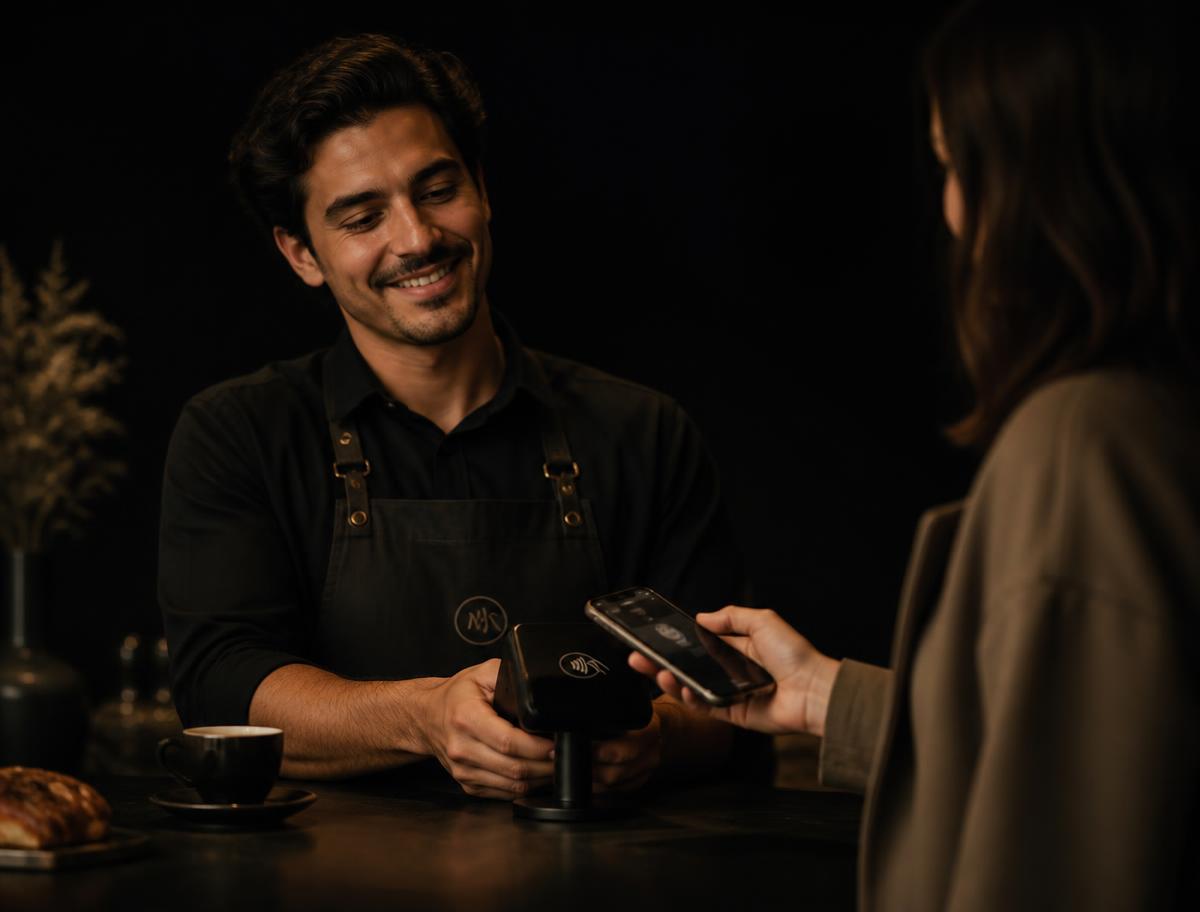 Staff member inviting a customer to tap a Tap4Review stand at the counter